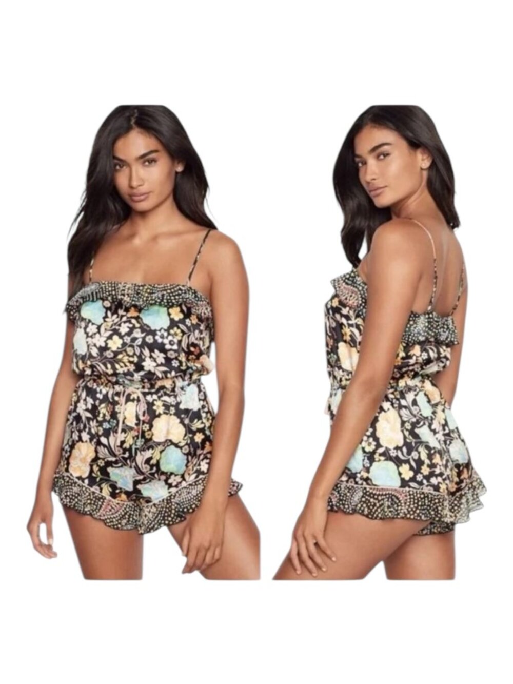 Victoria’s Secret Floral Ruffle Trim Romper With Spaghetti Straps